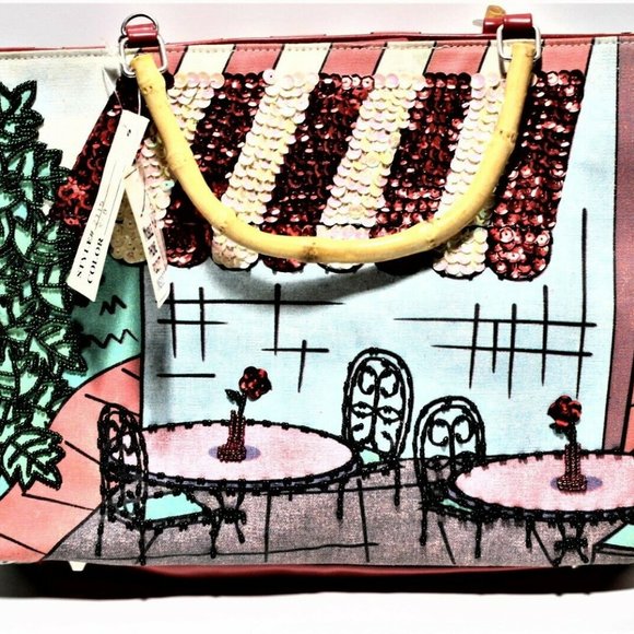 Cafe Print Multi Color Tote Sequence/Wood Handles - Picture 5 of 7